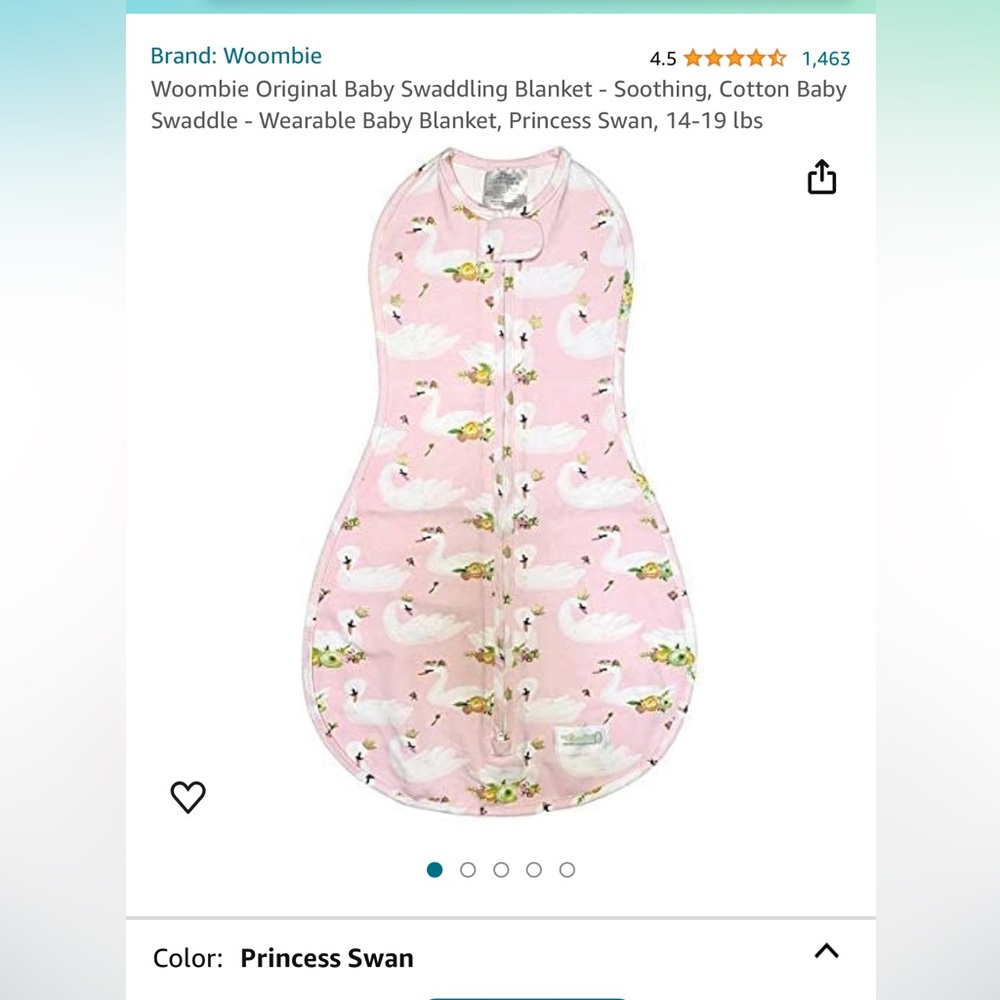 Woombie baby swaddle in Princess Swan size 0-3 months